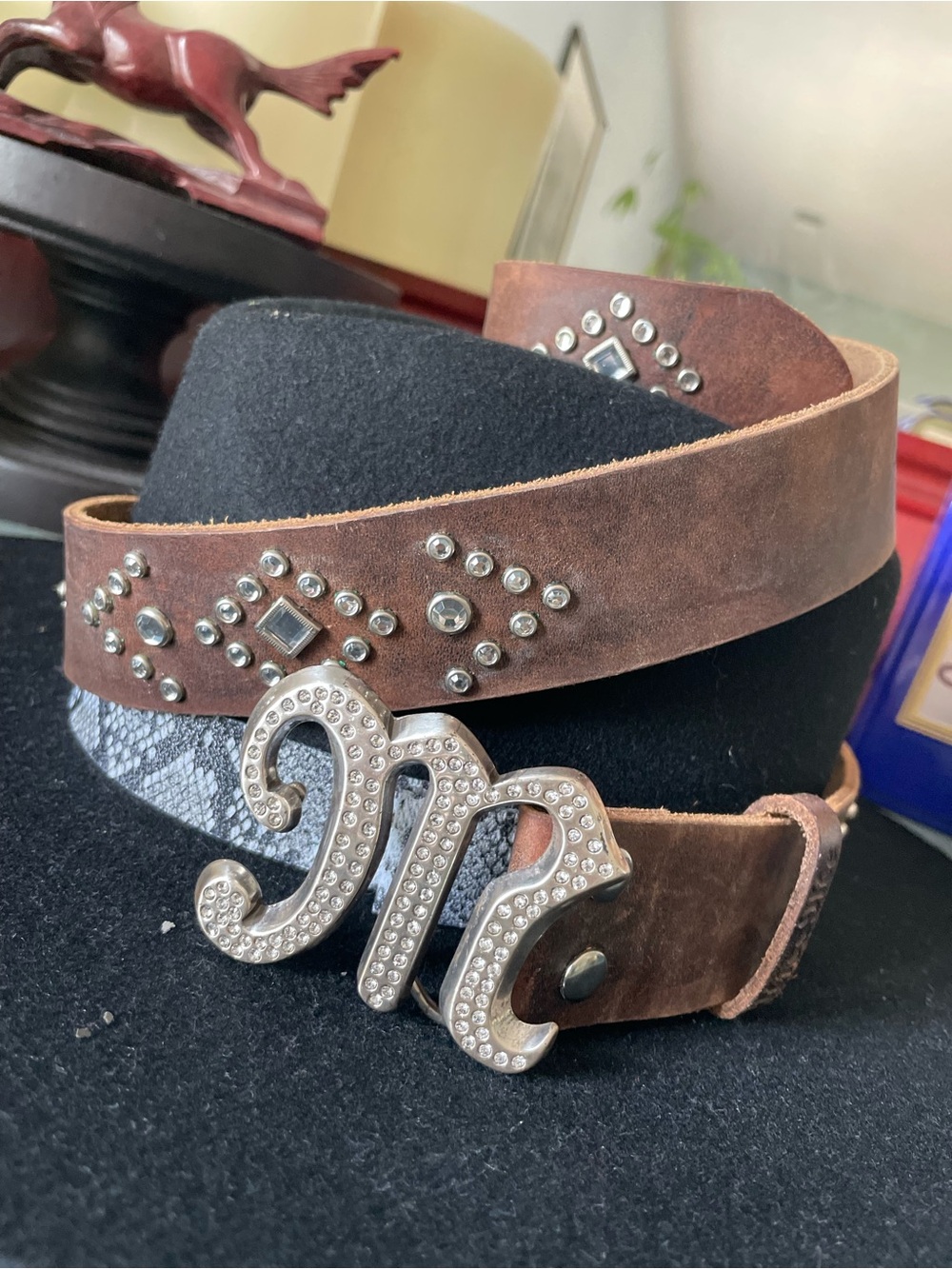 Miss Me Brown Studded Leather Belt with Rhinestone M Logo Buckle 32-37”
